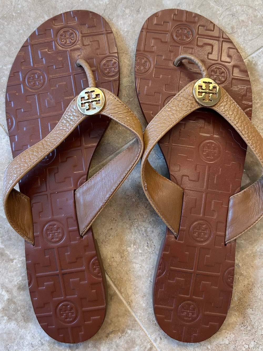 Tory Burch Tan Leather Logo Thong Sandals with Gold Emblems